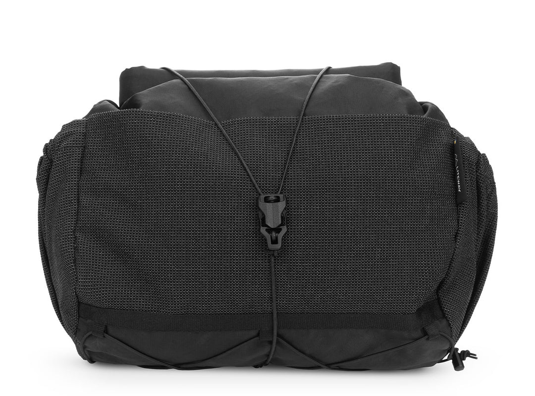 Black bumbag with a visible brand logo on a white background