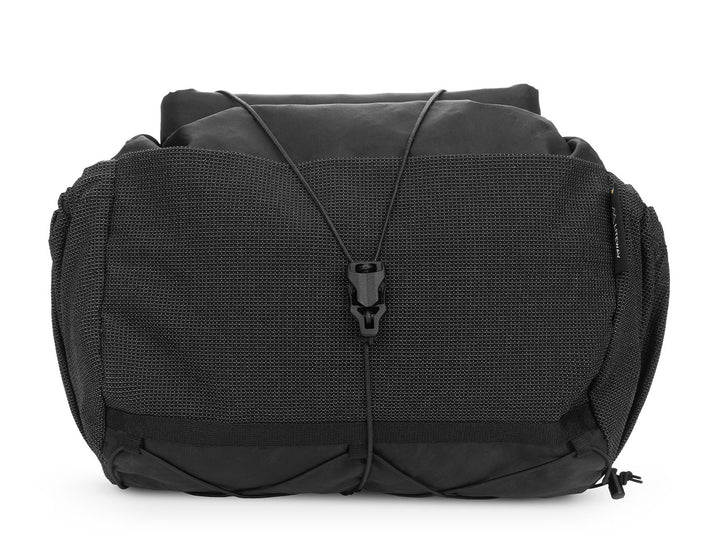 Black bumbag with a visible brand logo on a white background
