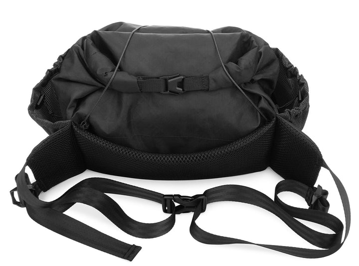 Black drawstring bag with shoulder strap on a white background