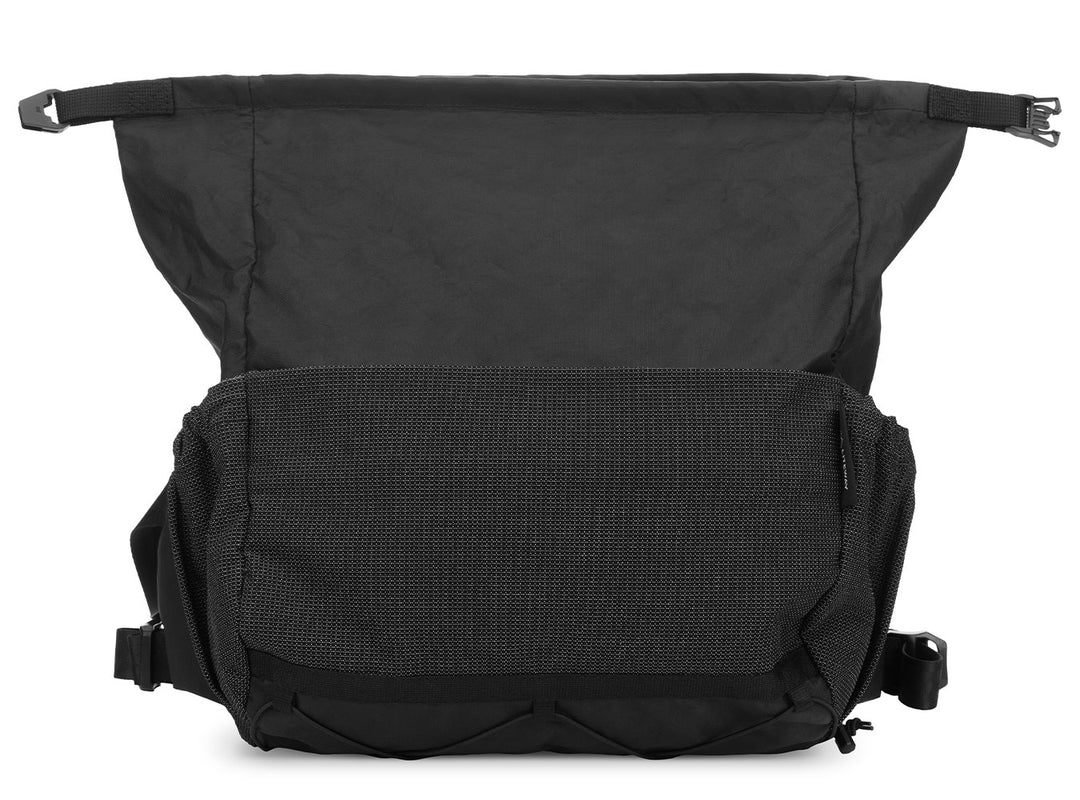 Black bumbag with a textured front pocket on a white background