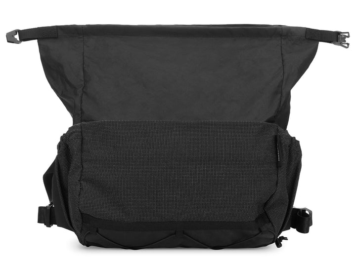 Black bumbag with a textured front pocket on a white background
