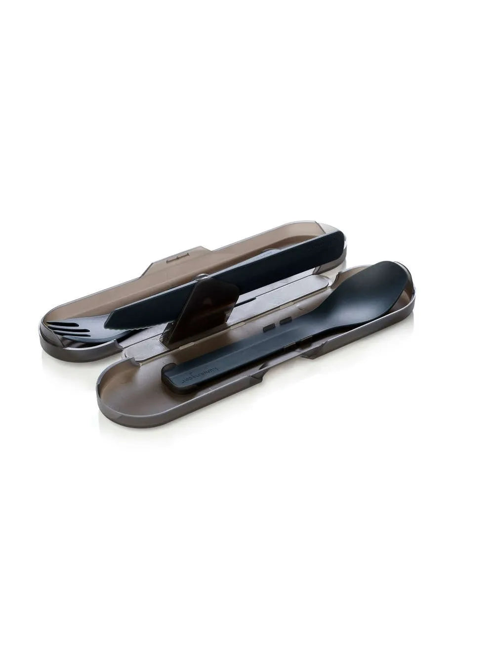 Dark translucent plastic case with cutlery inside shown on a clean white background.