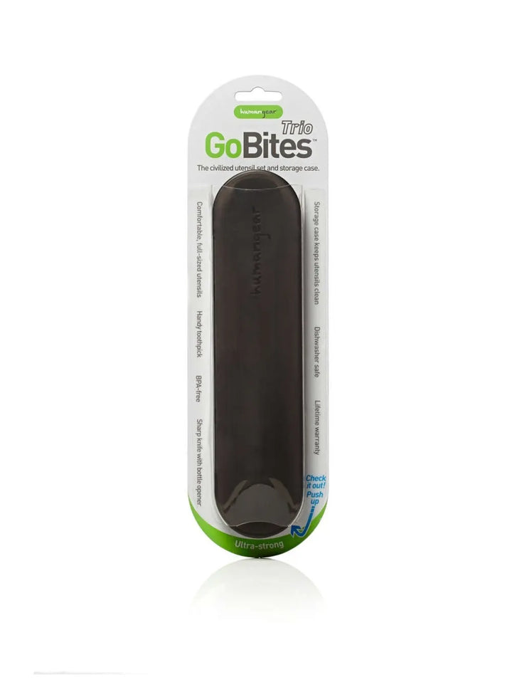 GoBites Trio product in grey plastic  packaging, appears as a dark grey cylindrical item on a white and green card backing.