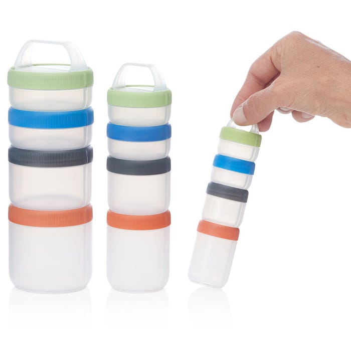 Set of four stacked containers with colorful lids on a white background