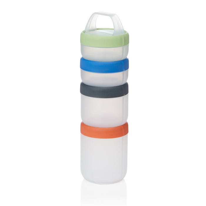 Stackable containers with colorful lids on a white background