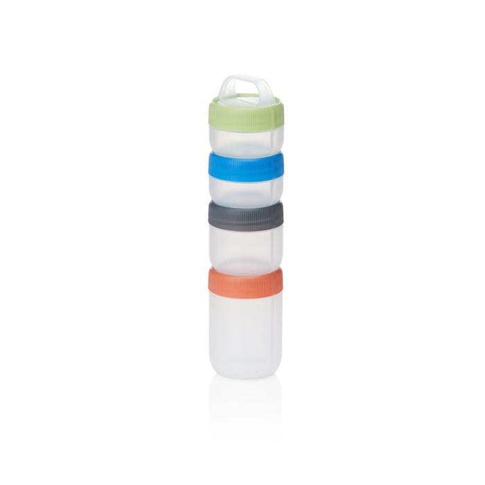 Stack of four transparent containers with colorful lids on a white background