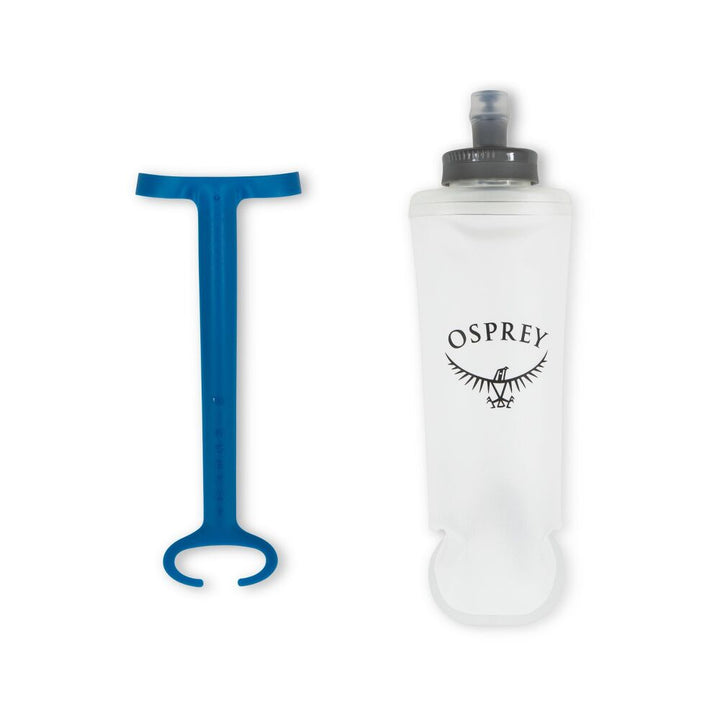 Soft flask water bottle with blue plastic piece beside transparent bottle with Osprey logo in the middle on a white background. 