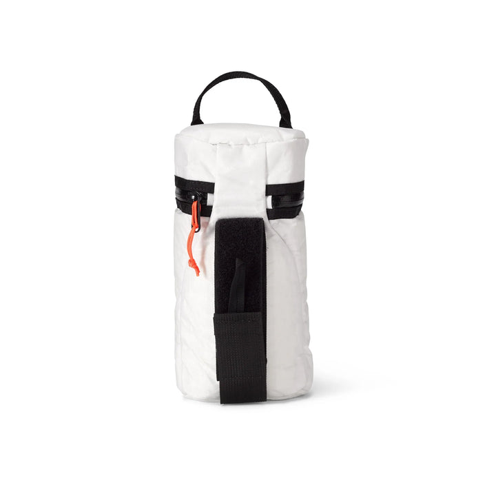 White and black insulated bag with a Velcro strap on a white background