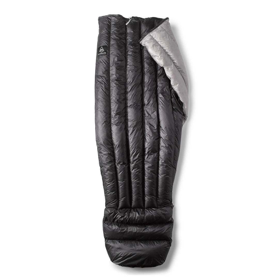 Black and gray sleeping bag on a white background