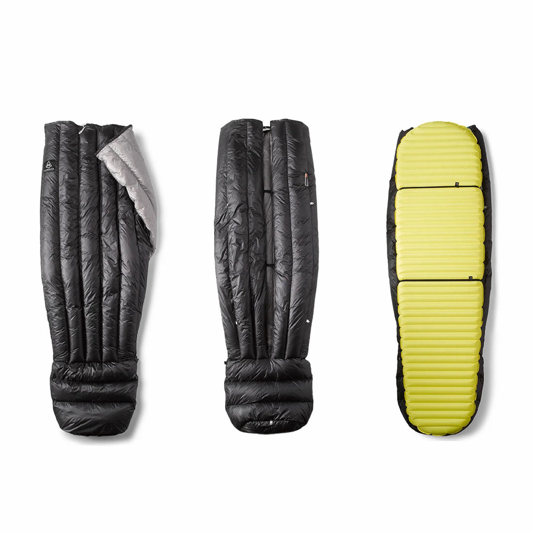 Three views of a sleeping bag on a white background, one is on top of a yellow sleeping pad
