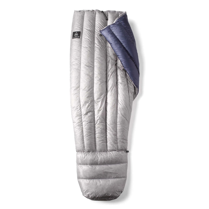 Gray and blue sleeping bag on a white background