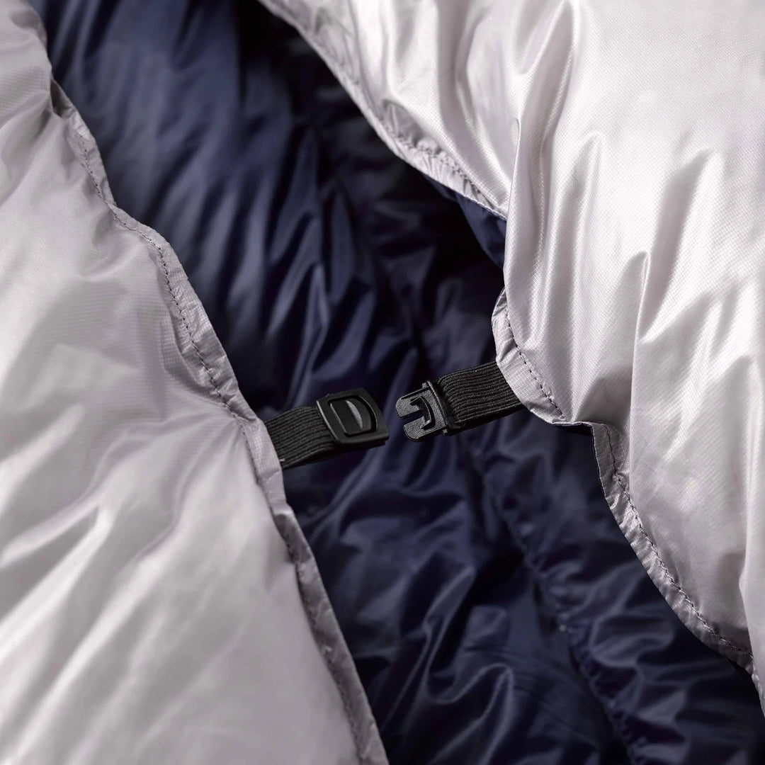 Close-up of a sleeping bag with a black strap and buckle.