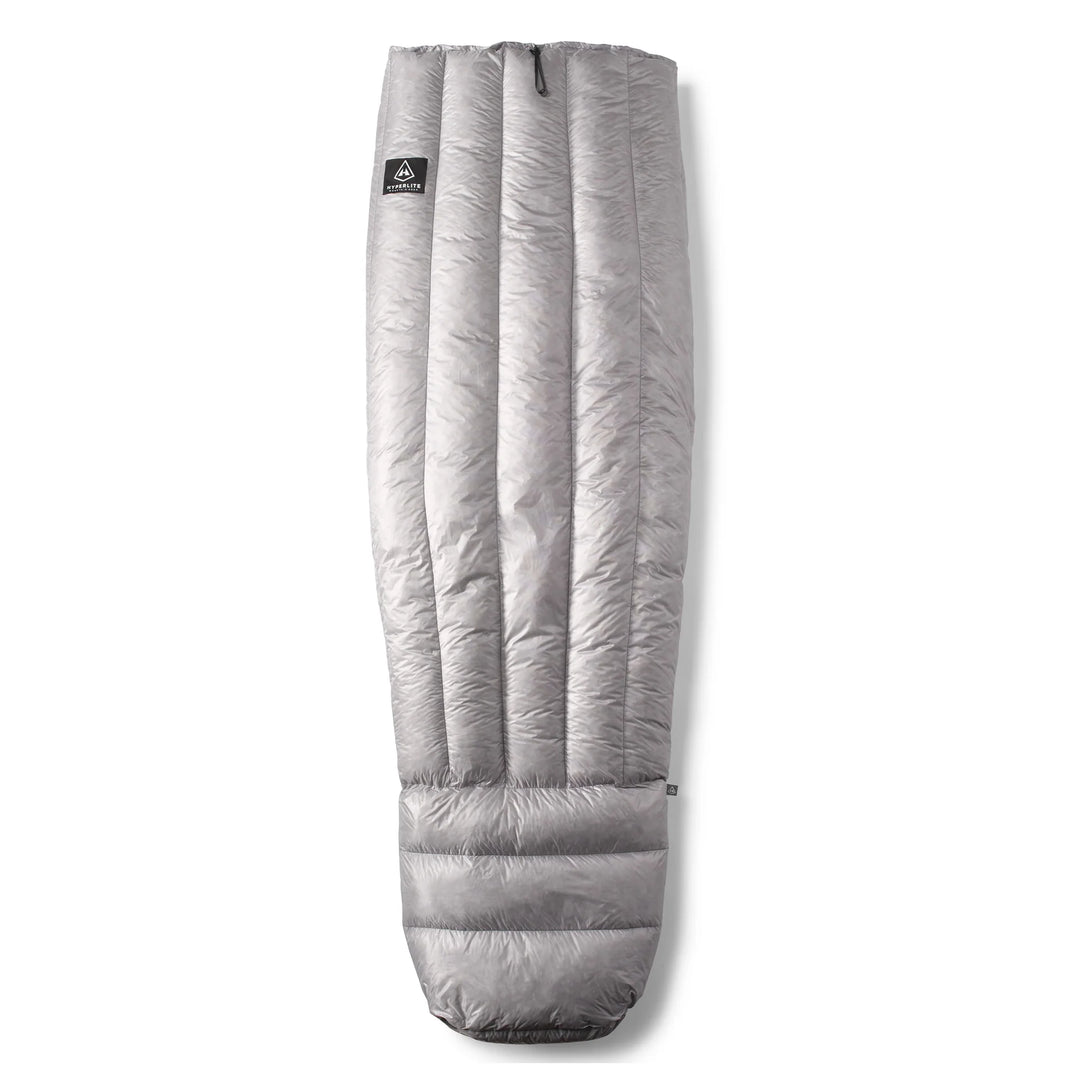 Gray sleeping bag with a brand logo on a white background