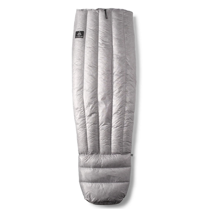 Gray sleeping bag with a brand logo on a white background