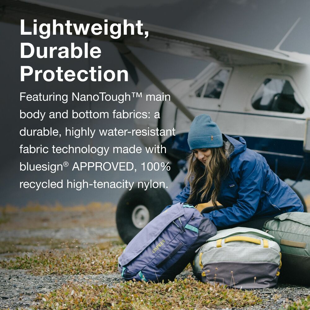 Person packing a backpack near an airplane with text about durable protection and fabric technology.