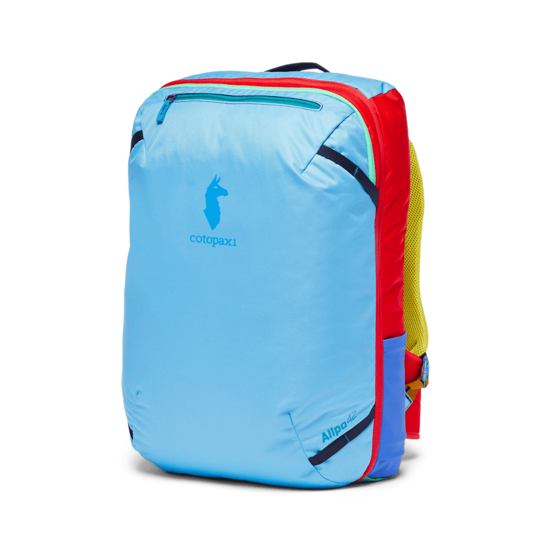 Light blue backpack with red and yellow accents on a transparent background