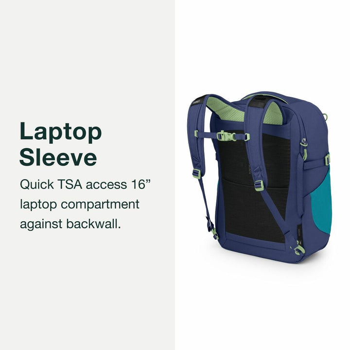 Blue backpack with text about a laptop sleeve and TSA access.