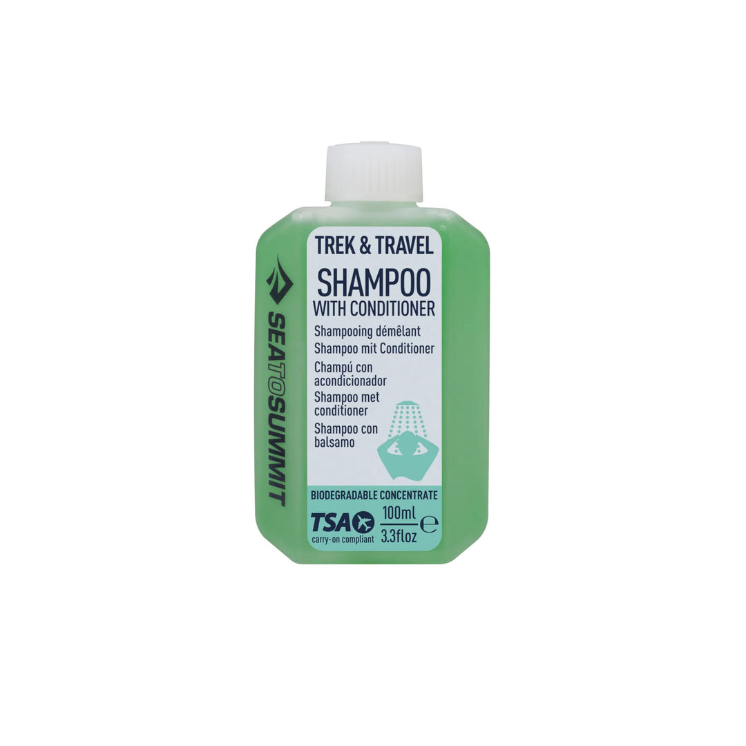 Sea to Summit Trek & Travel Shampoo with Conditioner in a 100ml green bottle with a white cap, on a white background.
