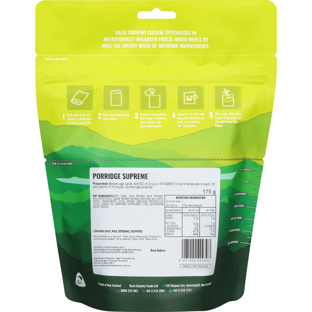 Reverse of a Back Country Cuisine Porridge Supreme packet