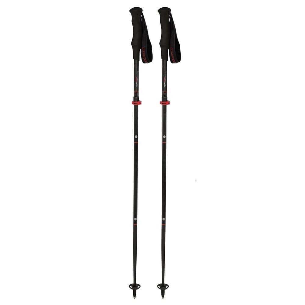 Two black trekking poles with red accents on a white background