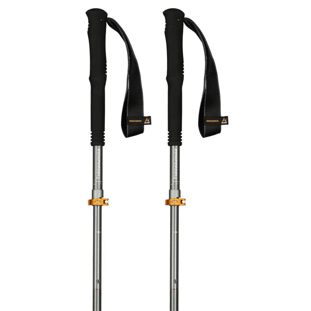 Two silver hiking poles with black grips and orange details on a white background