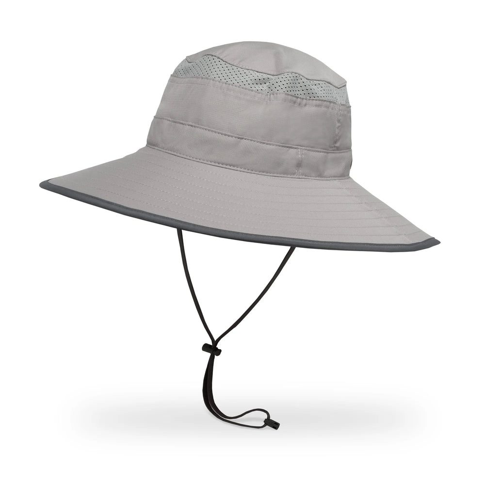 Gray wide-brimmed sun hat with a chin strap on a white background