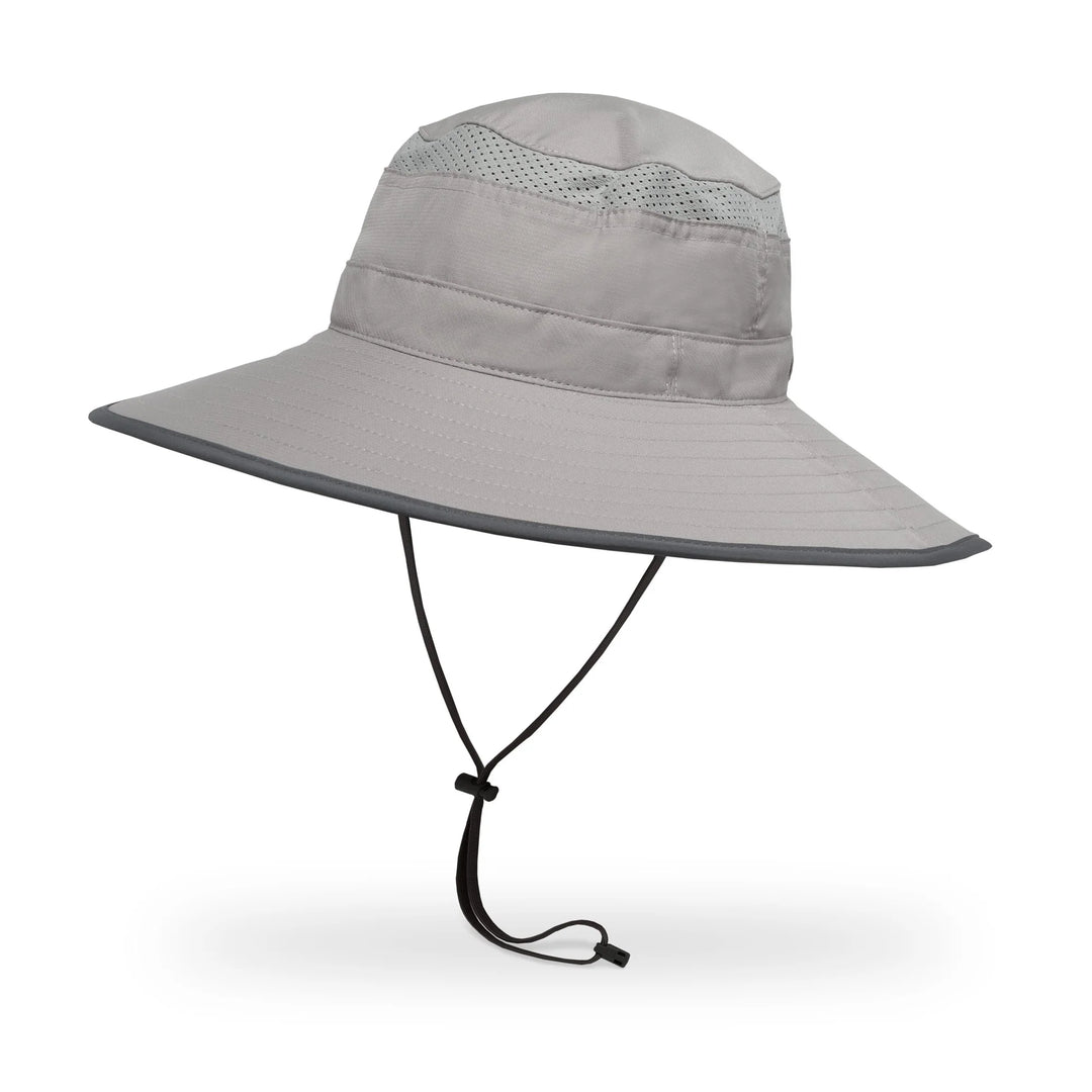 Gray wide-brimmed sun hat with a chin strap on a white background