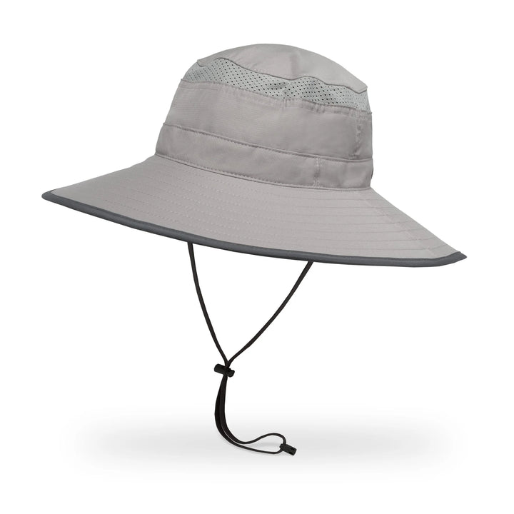 Gray wide-brimmed sun hat with a chin strap on a white background