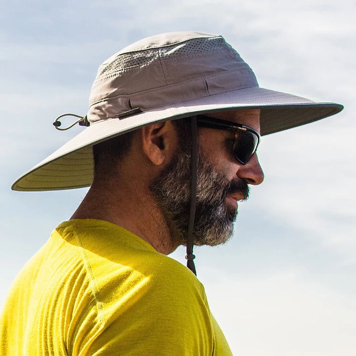 Man wearing a wide-brimmed hat and sunglasses with a clear sky background