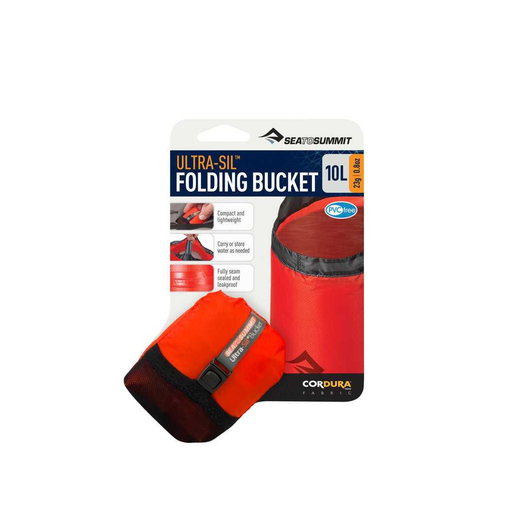 Packaging of a Sea to Summit folding bucket on a white background