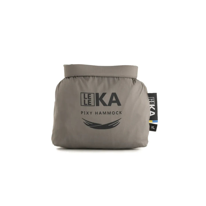 A gray Leleka Pixy Hammock in its folded, packed state, featuring the black Leleka logo and a small black size tag on the right side, set against a plain white background.