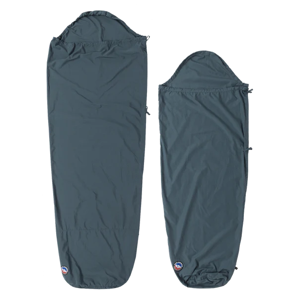 Two dark grey sleeping bag liners on a white background