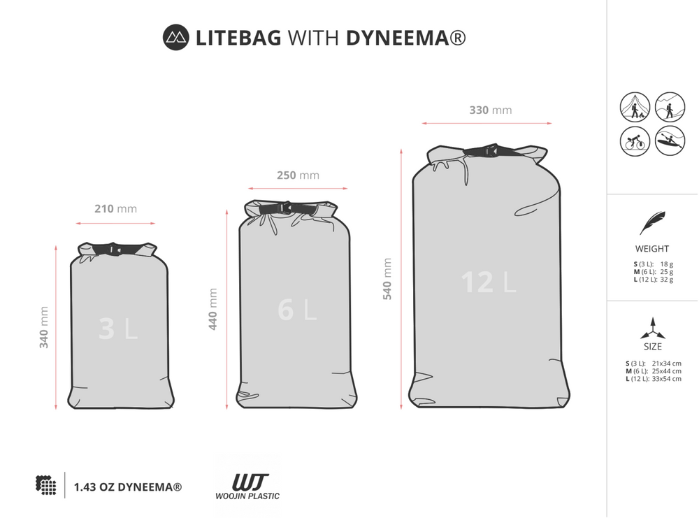 A technical sizing chart for the Litebag with Dyneema Drybag, showing three sizes (3 L, 6 L, and 12 L) with dimensions in millimeters and icons indicating waterproof ratings.