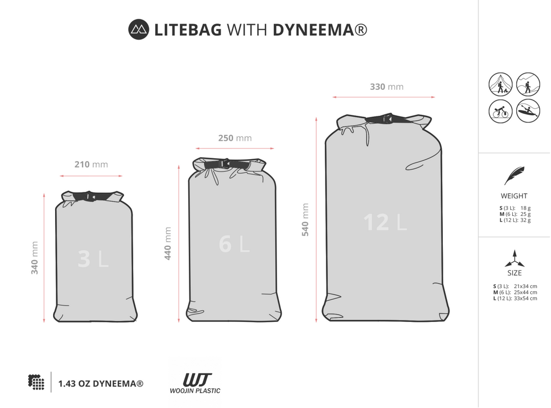 A technical sizing chart for the Litebag with Dyneema Drybag, showing three sizes (3 L, 6 L, and 12 L) with dimensions in millimeters and icons indicating waterproof ratings.