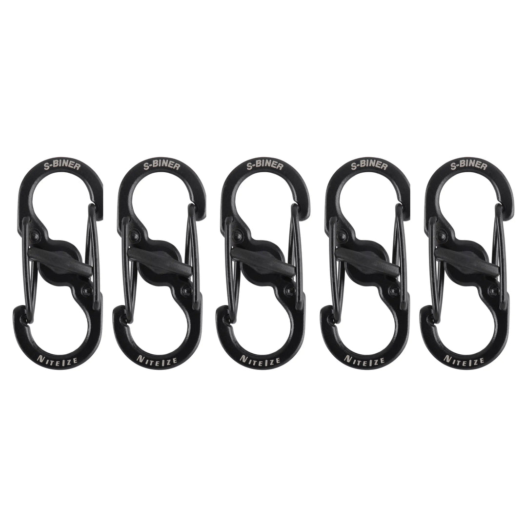 Five black S-Biner carabiners arranged in a row on a plain white background.