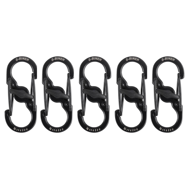Five black S-Biner carabiners arranged in a row on a plain white background.