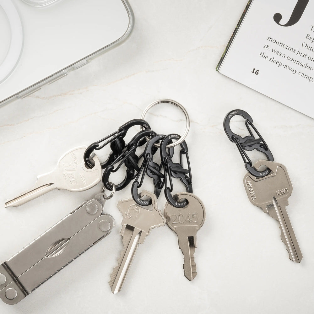 Keychain with keys and carabiners on a white surface