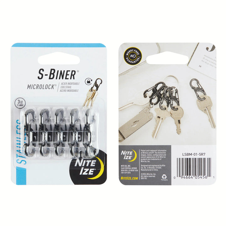 Two retail packages of Nite Ize S-Biner Microlock stainless steel keychain clips shown on a white background. The left package contains five clips in a clear blister pack, and the right package shows five clips attached to keys on the front of the card.