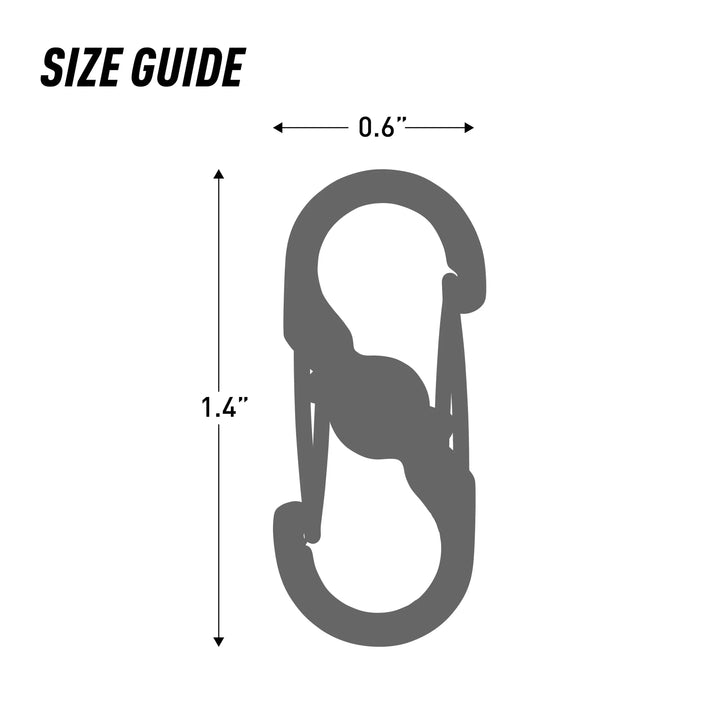 Size guide of a carabiner with dimensions labeled on a white background