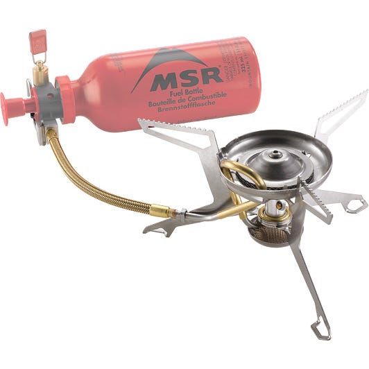  MSR camping stove with fuel bottle on a white background