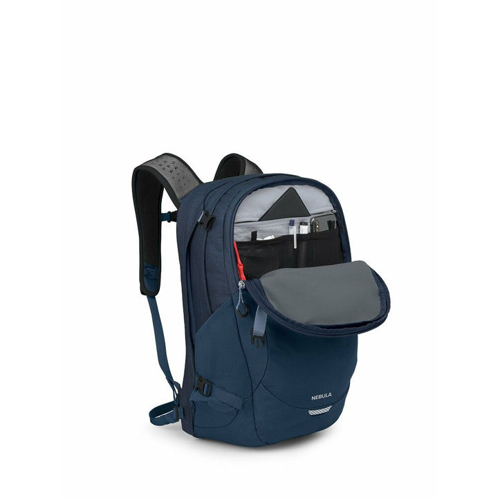 Blue backpack with a clear front pocket on a white background