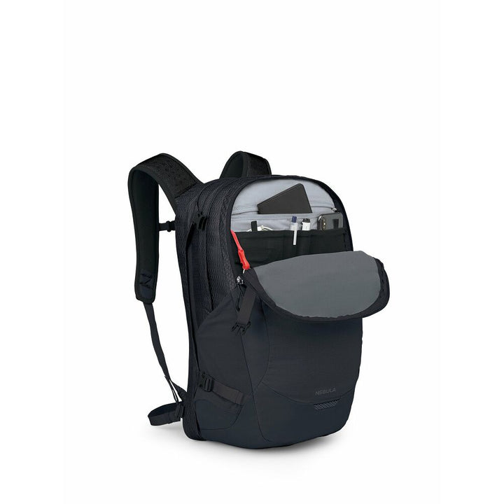 Black backpack with a front pocket on a white background