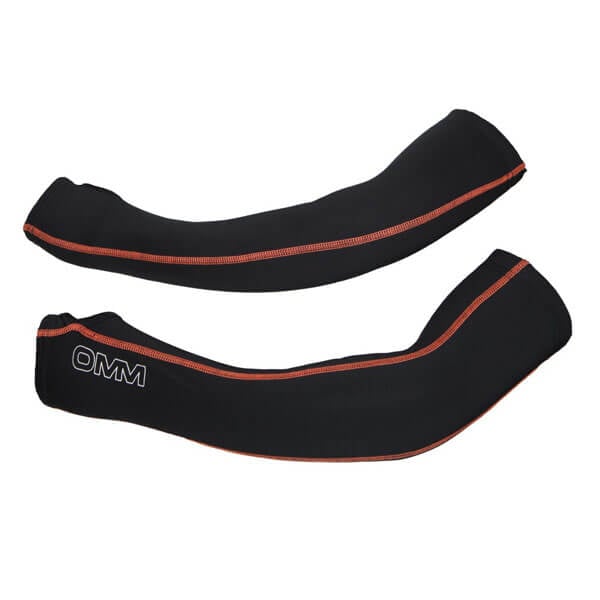 Black arm warmers with orange stitching on a white background