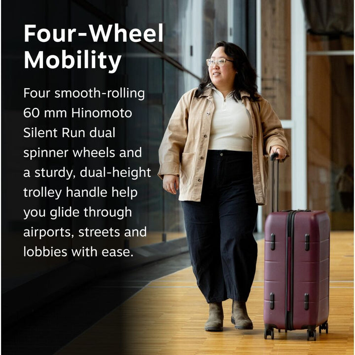 A woman walks indoors pulling a hard-shell suitcase with a telescoping handle. Large text on the left reads &