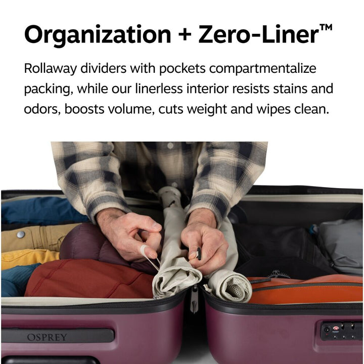 A person packing a suitcase, demonstrating the use of Osprey Zero-Liner™ rollaway dividers with pockets to compartmentalize luggage. The text at the top reads &