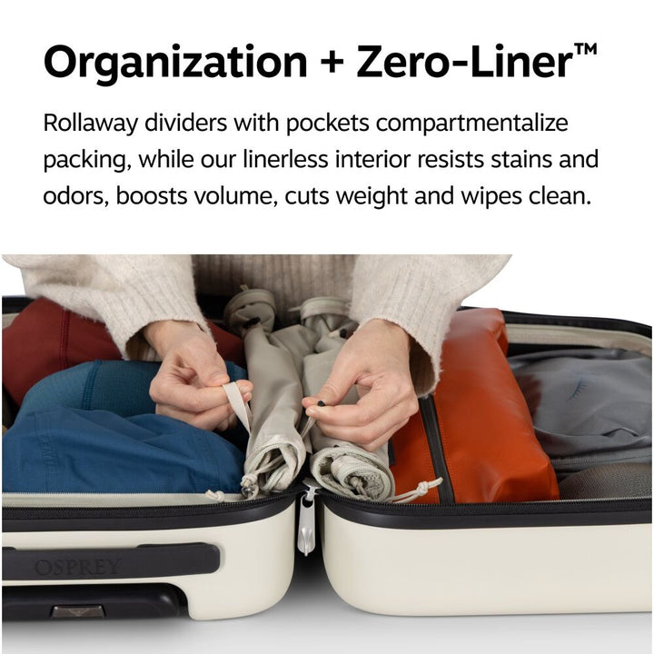 A person packing a suitcase with a rollaway divider and pockets, shown with text above reading &