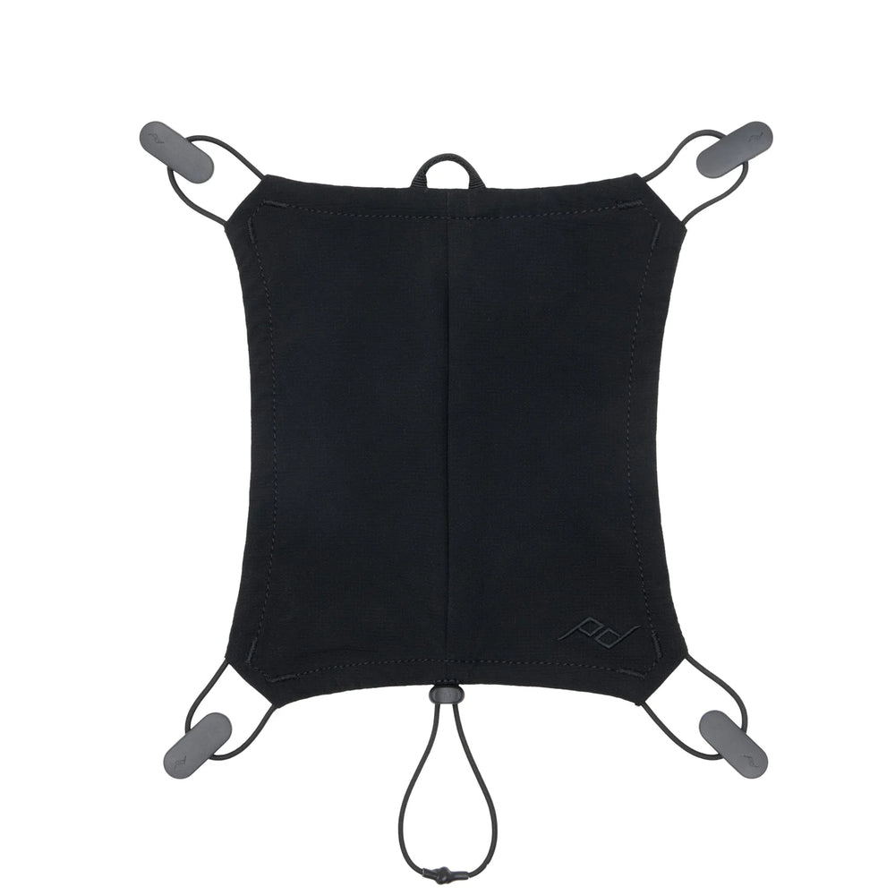 Black bike helmet carrier with gray clips on a white background