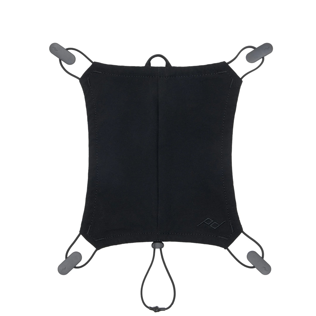 Black bike helmet carrier with gray clips on a white background