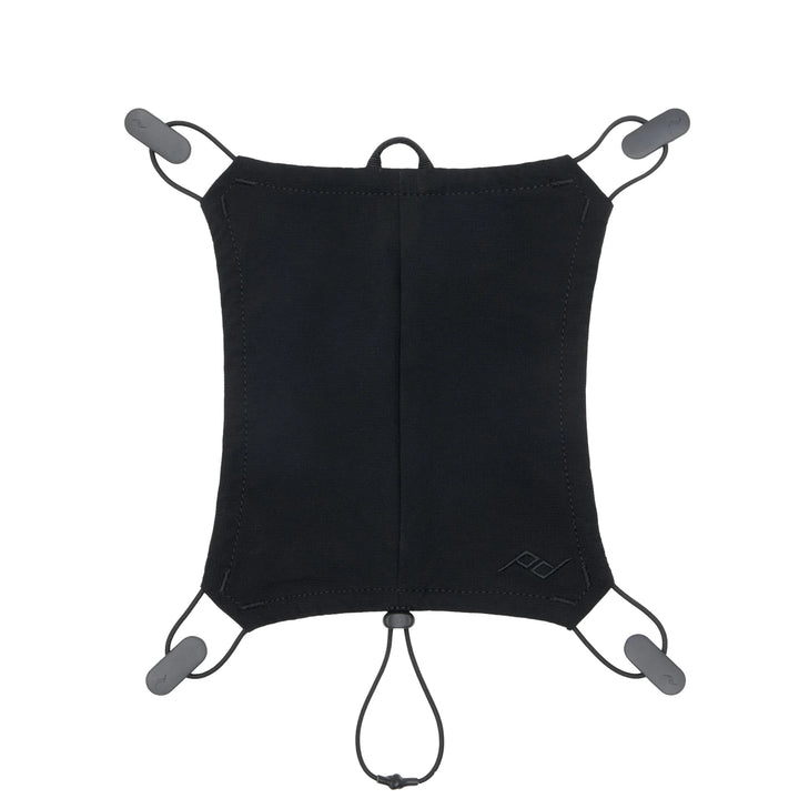 Black bike helmet carrier with gray clips on a white background