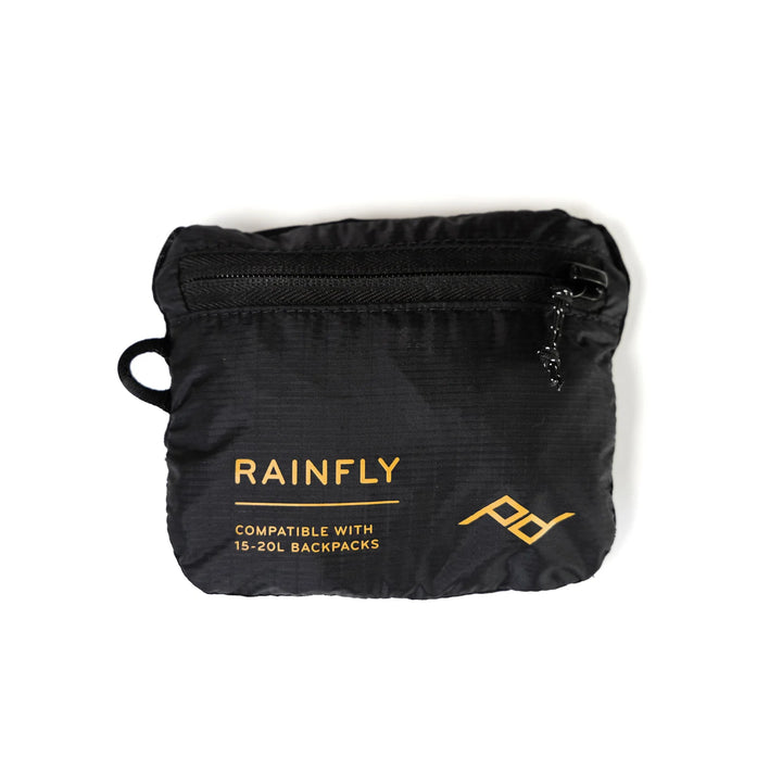 Black rain fly with gold text and logo on a white background